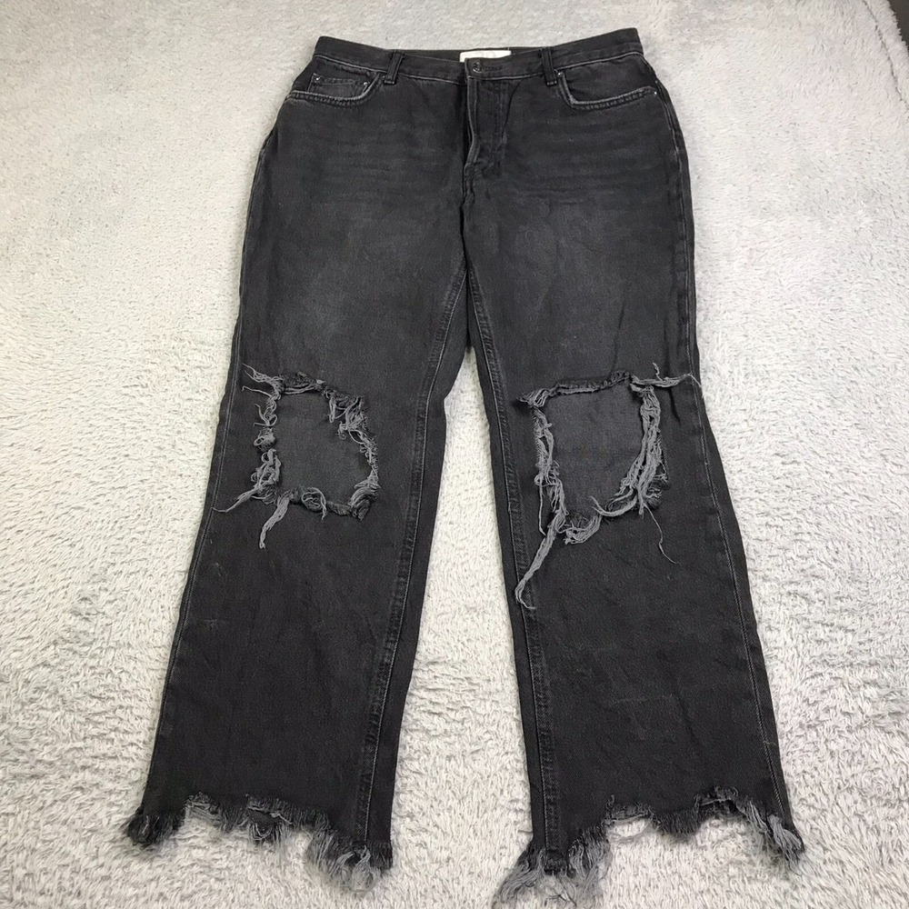 We‎ The Free People Maggie Jeans Womens 29 Black Baggy Straight Knee Holes Fray